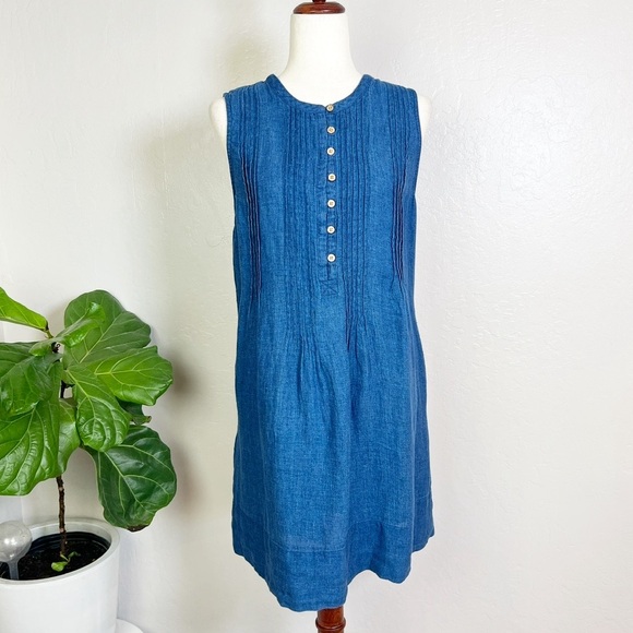 FAHERTY Women’s Size L Blue Linen Isha Sleeveless Pintuck Button-Bodice Dress - Picture 2 of 12